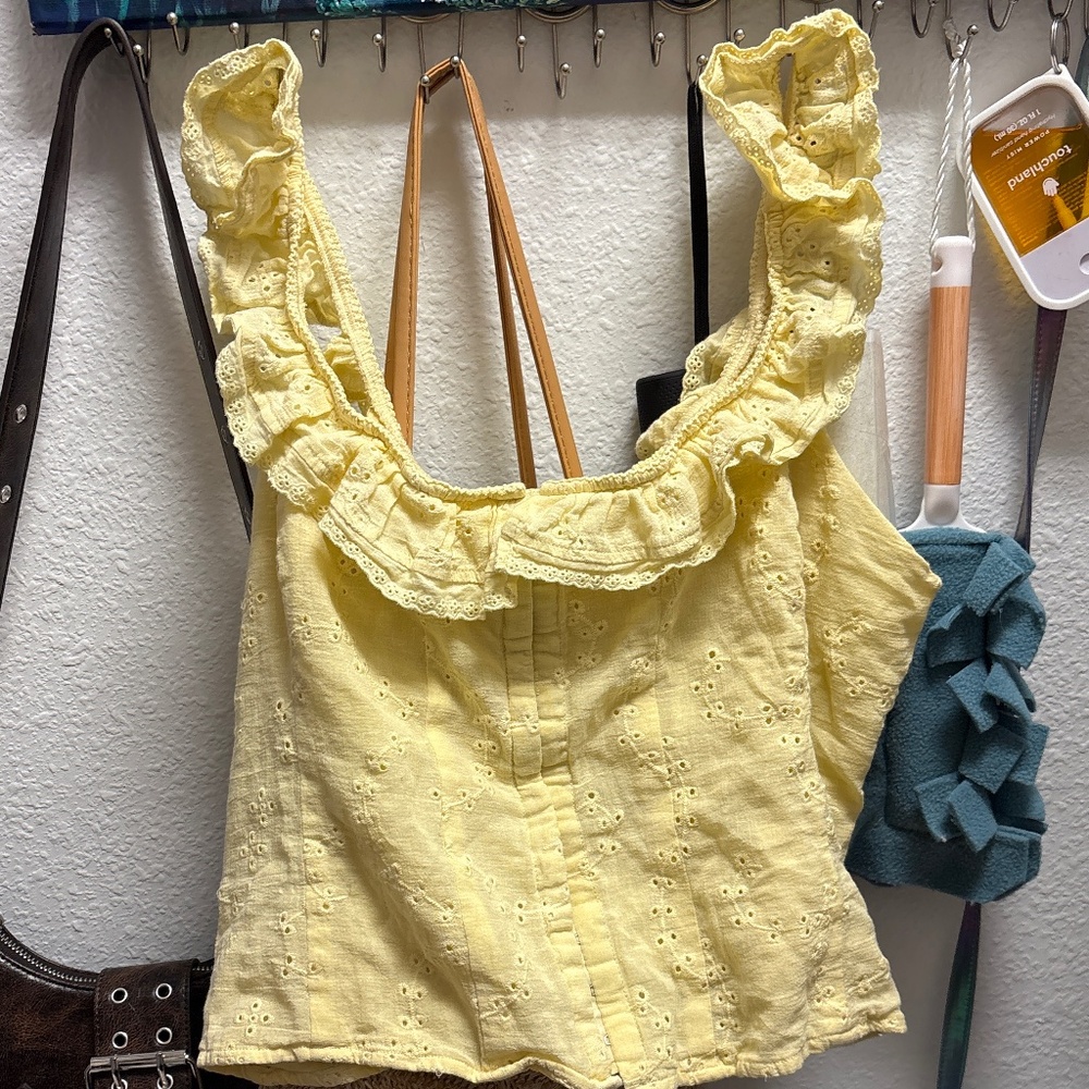 Yellow Eyelet Ruffle Strap Blouse